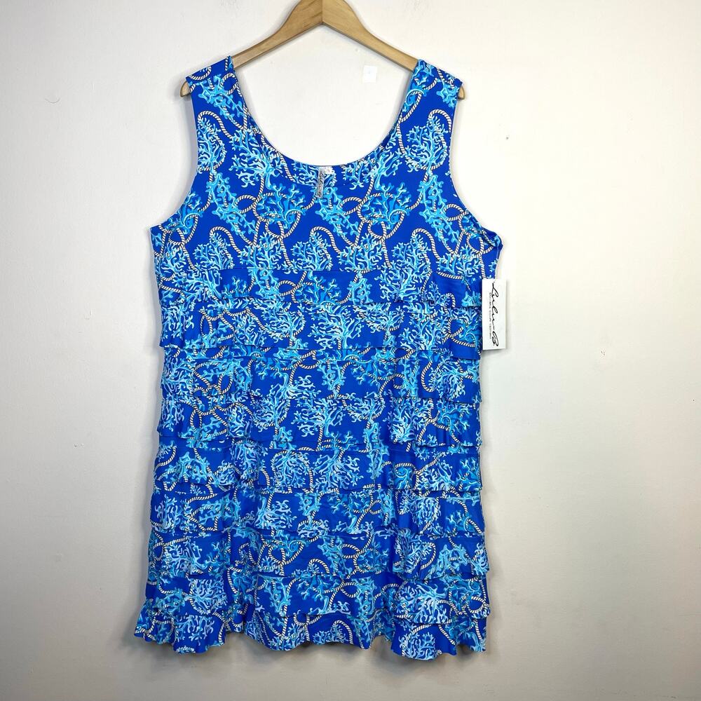 Lulu B Blue Coral Cha Cha Ruffle Sleeveless Dress Tropical UPF womens 2X New NWT
